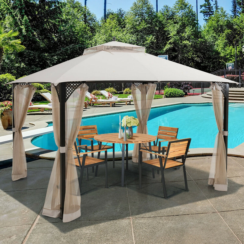 Costway - 12’ x 10’Outdoor Double Top Patio Gazebo-Beige