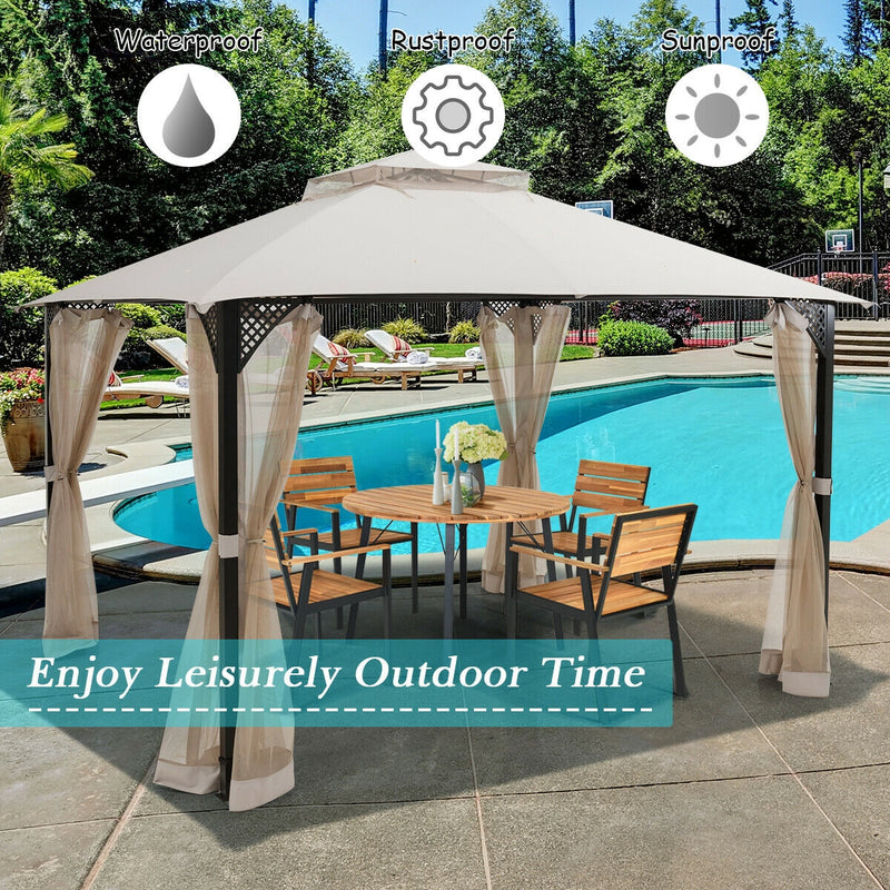 Costway - 12’ x 10’Outdoor Double Top Patio Gazebo-Beige