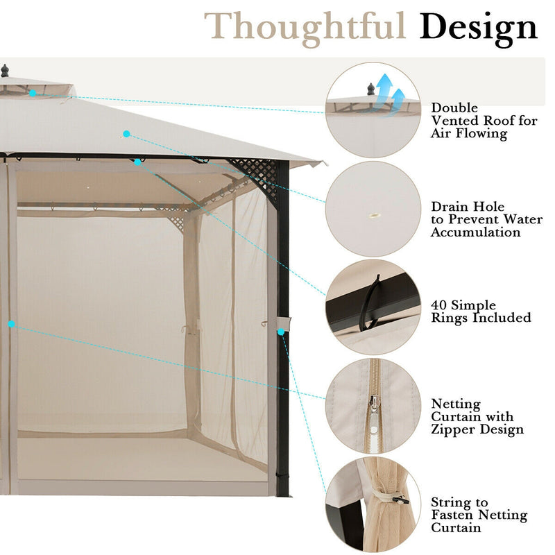 Costway - 12’ x 10’Outdoor Double Top Patio Gazebo-Beige