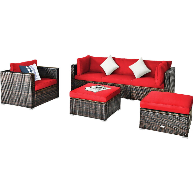Costway - 6 Pieces Patio Rattan Furniture Set with Sectional Cushion-Red