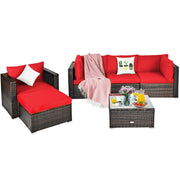 Costway - 6 Pieces Patio Rattan Furniture Set with Sectional Cushion-Red
