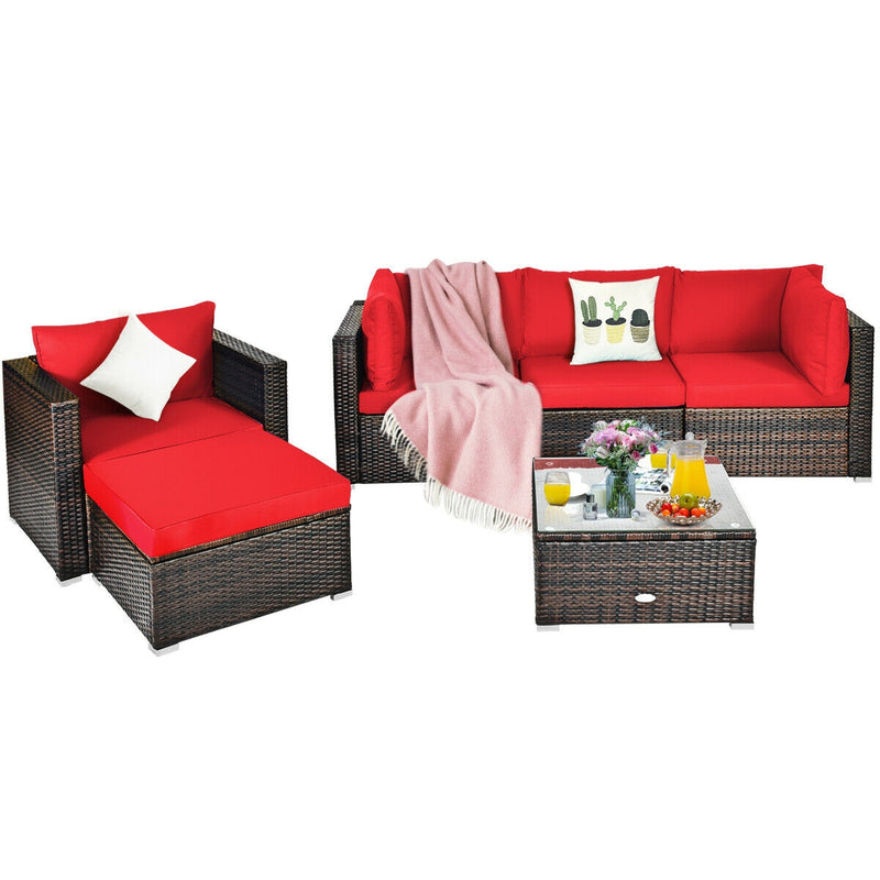 Costway - 6 Pieces Patio Rattan Furniture Set with Sectional Cushion-Red