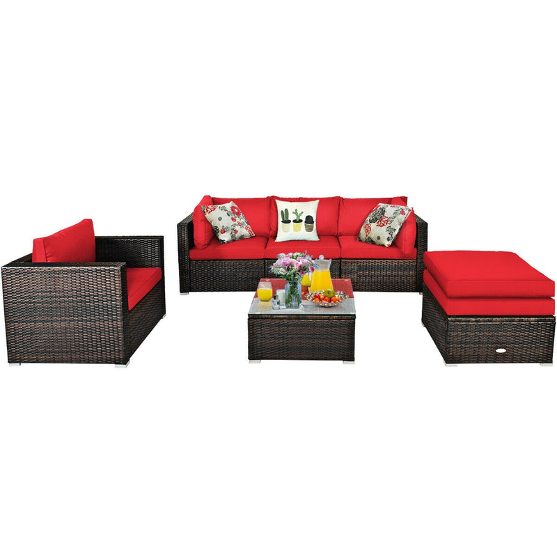 Costway - 6 Pieces Patio Rattan Furniture Set with Sectional Cushion-Red