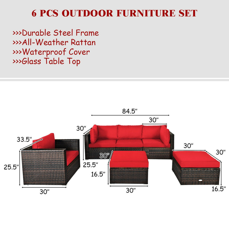Costway - 6 Pieces Patio Rattan Furniture Set with Sectional Cushion-Red