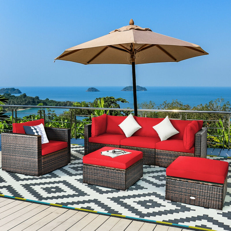 Costway - 6 Pieces Patio Rattan Furniture Set with Sectional Cushion-Red
