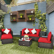 Costway - 6 Pieces Patio Rattan Furniture Set with Sectional Cushion-Red