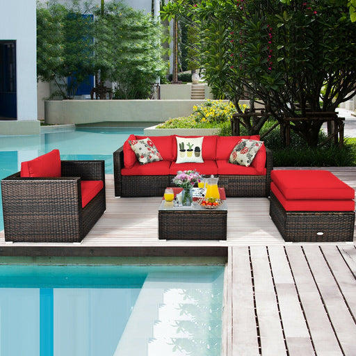 Costway - 6 Pieces Patio Rattan Furniture Set with Sectional Cushion-Red