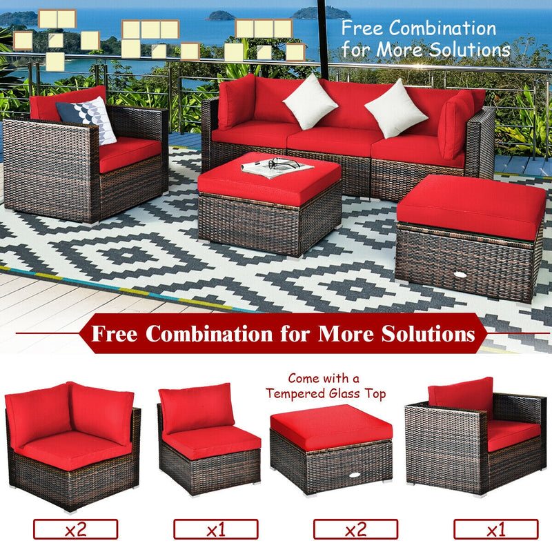 Costway - 6 Pieces Patio Rattan Furniture Set with Sectional Cushion-Red