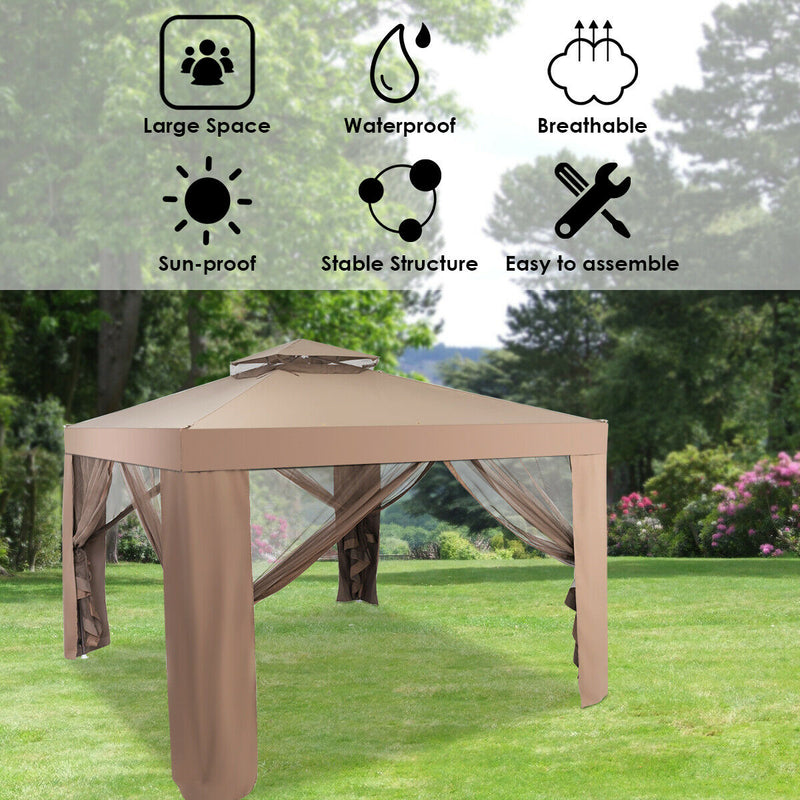 Costway - Canopy and Garden Structures Gazebo with Netting for Outdoors-Brown