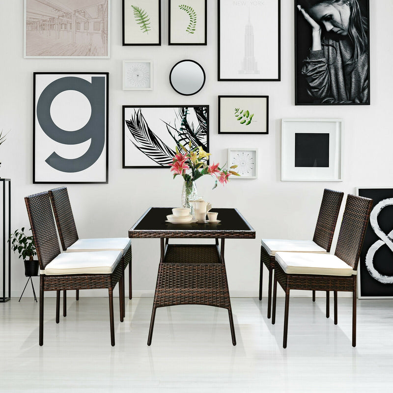 Costway - 5 Pcs Rattan Dining Set Glass Table High Back Chair