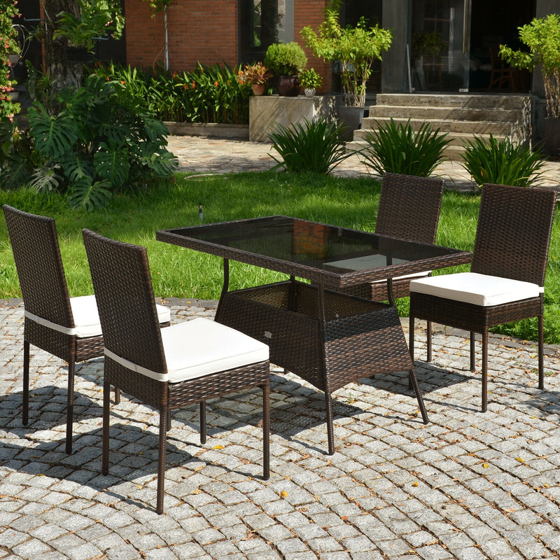 Costway - 5 Pcs Rattan Dining Set Glass Table High Back Chair