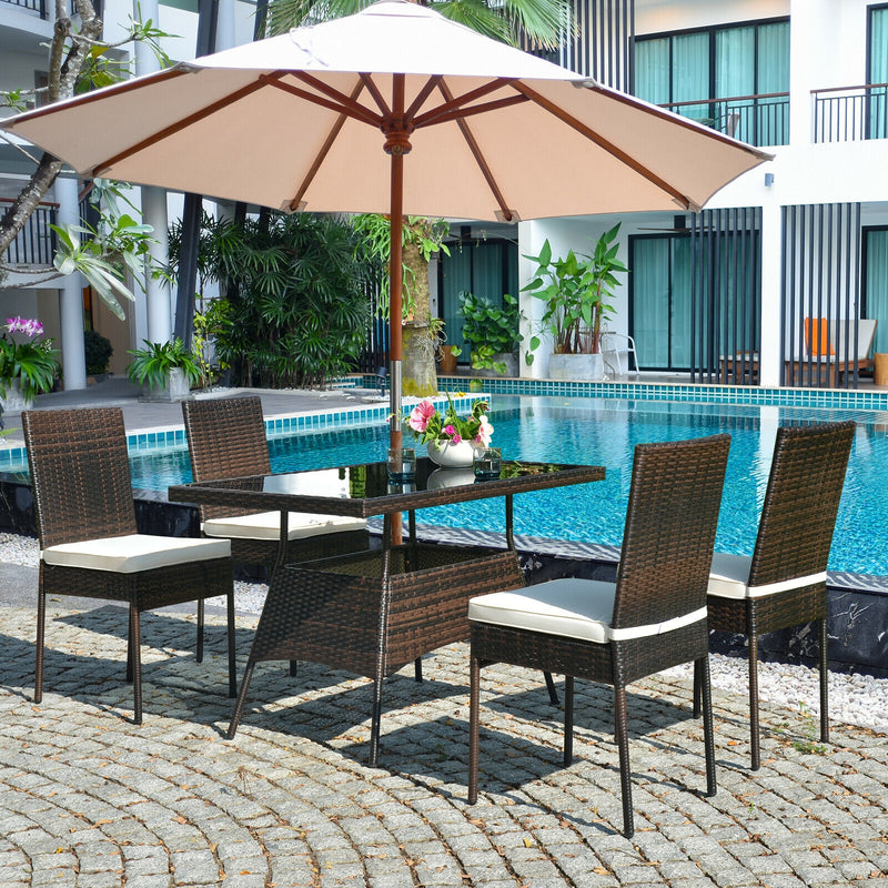 Costway - 5 Pcs Rattan Dining Set Glass Table High Back Chair