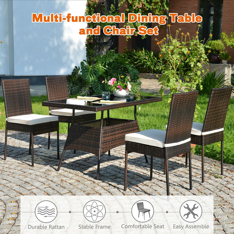Costway - 5 Pcs Rattan Dining Set Glass Table High Back Chair