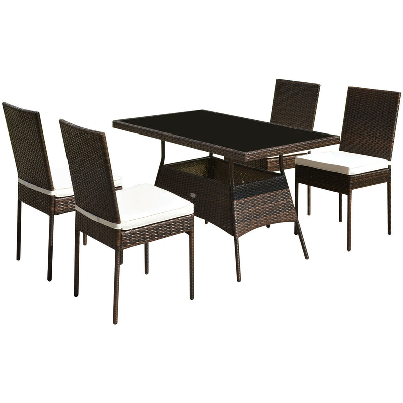 Costway - 5 Pcs Rattan Dining Set Glass Table High Back Chair