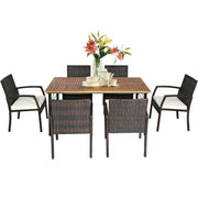 Costway - 7Pcs Patio Rattan Cushioned Dining Set with Umbrella Hole-Warm White