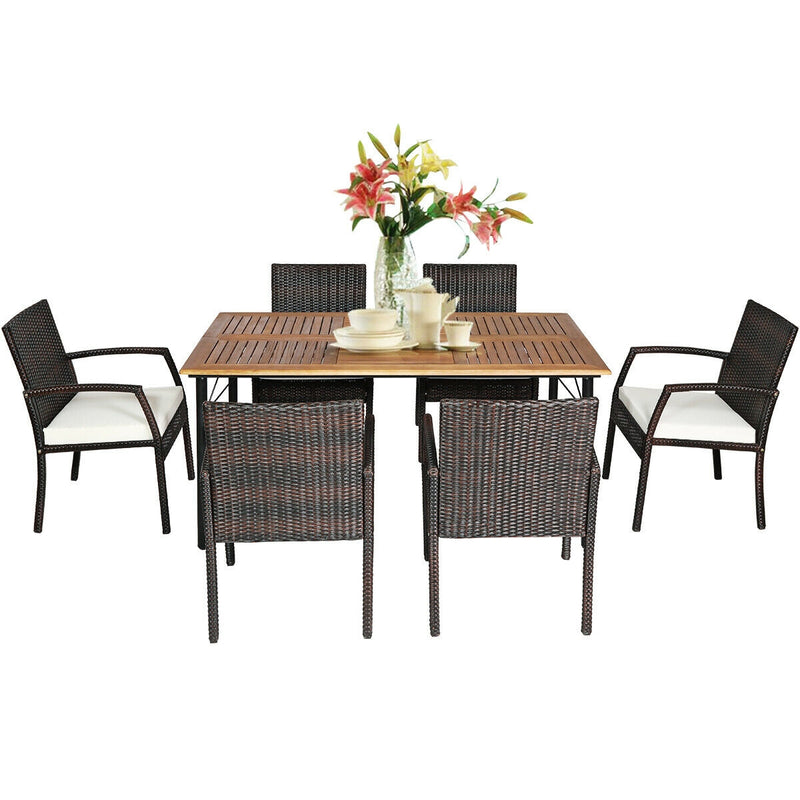 Costway - 7Pcs Patio Rattan Cushioned Dining Set with Umbrella Hole-Warm White