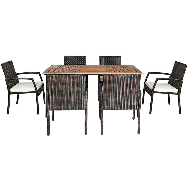 Costway - 7Pcs Patio Rattan Cushioned Dining Set with Umbrella Hole-Warm White