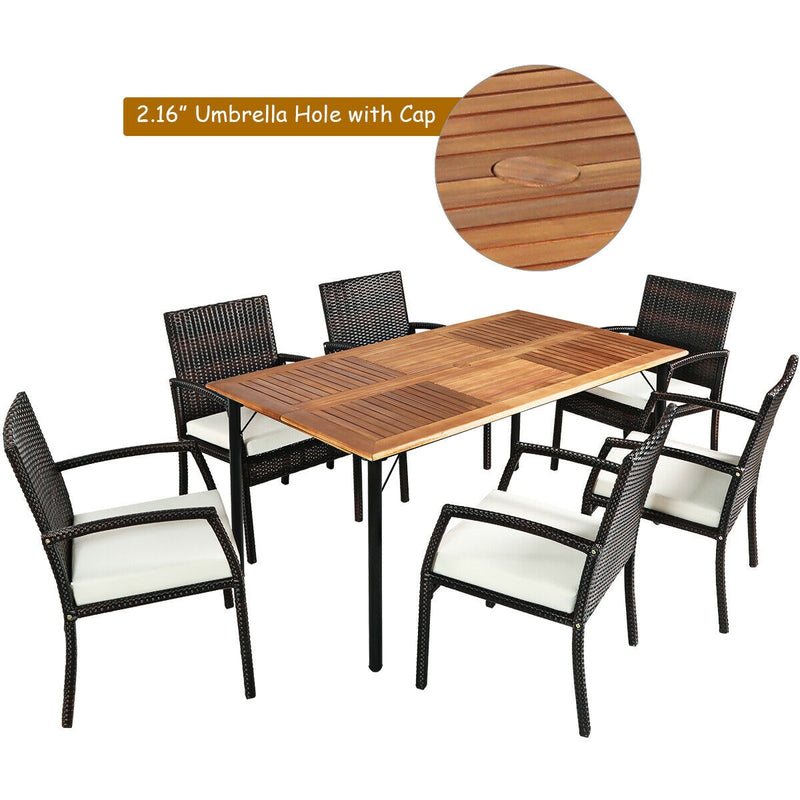 Costway - 7Pcs Patio Rattan Cushioned Dining Set with Umbrella Hole-Warm White