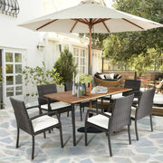 Costway - 7Pcs Patio Rattan Cushioned Dining Set with Umbrella Hole-Warm White