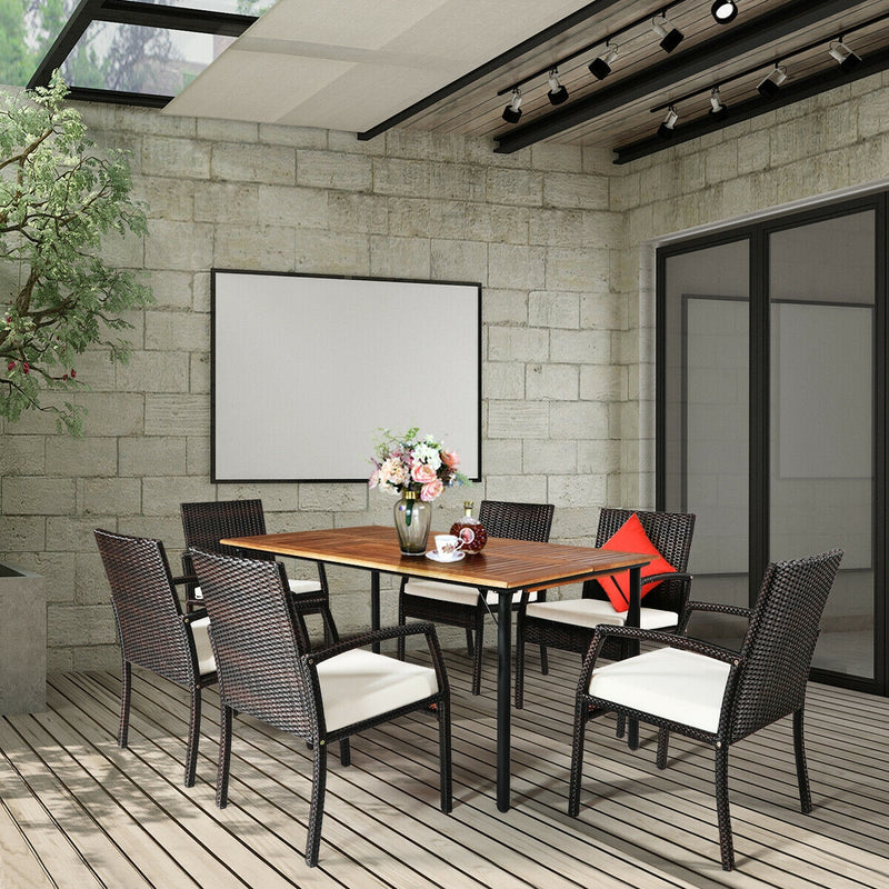 Costway - 7Pcs Patio Rattan Cushioned Dining Set with Umbrella Hole-Warm White