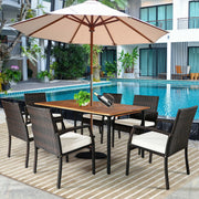 Costway - 7Pcs Patio Rattan Cushioned Dining Set with Umbrella Hole-Warm White