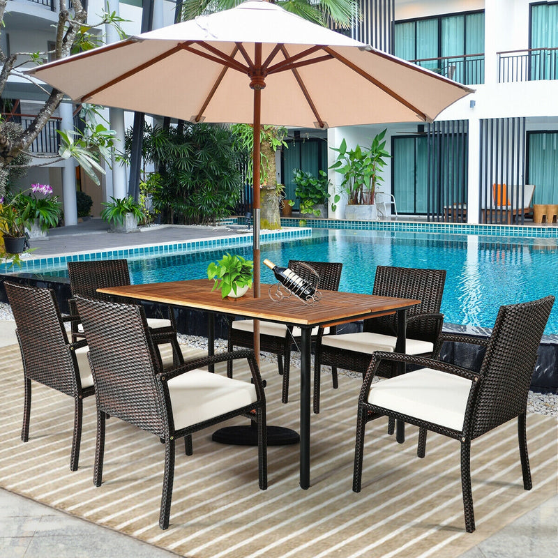 Costway - 7Pcs Patio Rattan Cushioned Dining Set with Umbrella Hole-Warm White