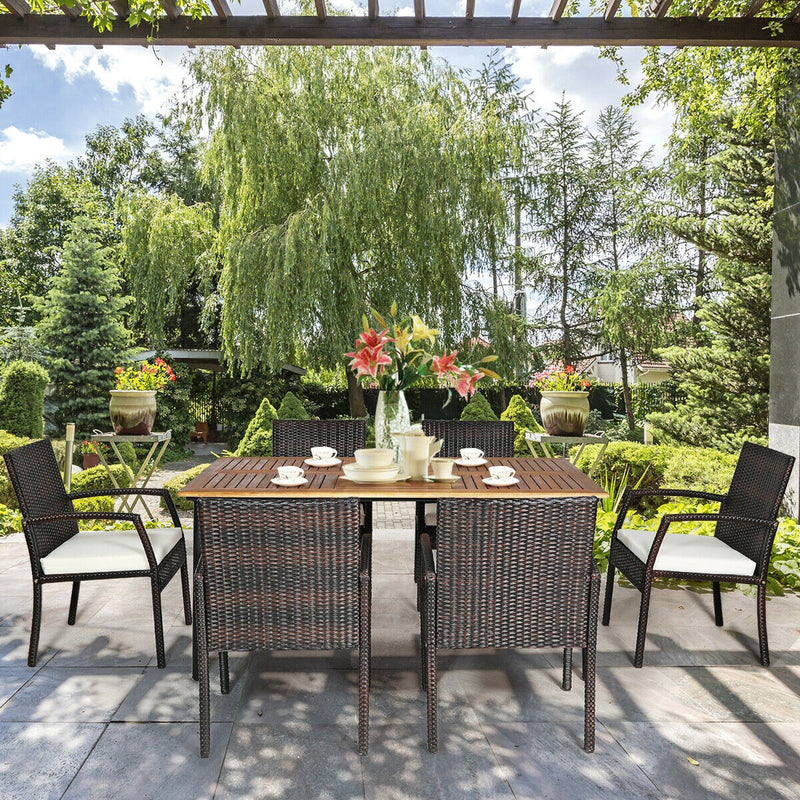 Costway - 7Pcs Patio Rattan Cushioned Dining Set with Umbrella Hole-Warm White