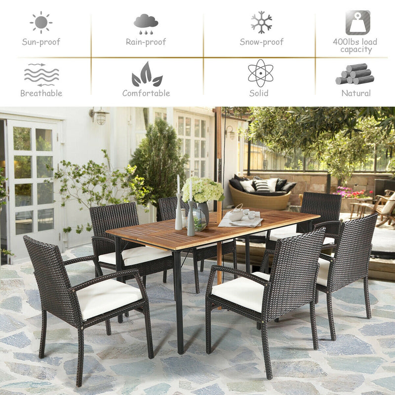 Costway - 7Pcs Patio Rattan Cushioned Dining Set with Umbrella Hole-Warm White