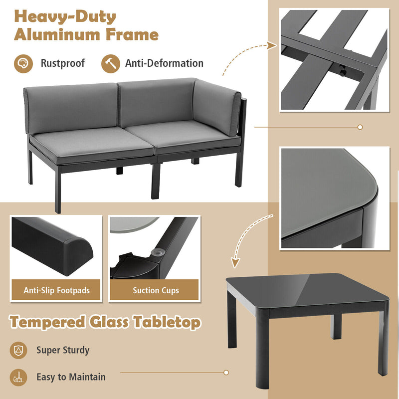 Costway - 3 Pieces Aluminum Patio Furniture Set with 6-Level Adjustable Backrest-Gray
