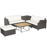 Costway - 7 Pieces Hand-Woven Wicker Outdoor Furniture Set with Acacia Wood Coffee Table-White
