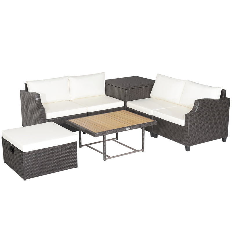 Costway - 7 Pieces Hand-Woven Wicker Outdoor Furniture Set with Acacia Wood Coffee Table-White