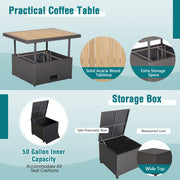 Costway - 7 Pieces Hand-Woven Wicker Outdoor Furniture Set with Acacia Wood Coffee Table-White