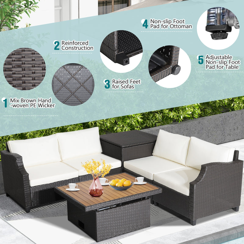 Costway - 7 Pieces Hand-Woven Wicker Outdoor Furniture Set with Acacia Wood Coffee Table-White