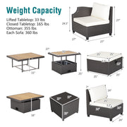 Costway - 7 Pieces Hand-Woven Wicker Outdoor Furniture Set with Acacia Wood Coffee Table-White
