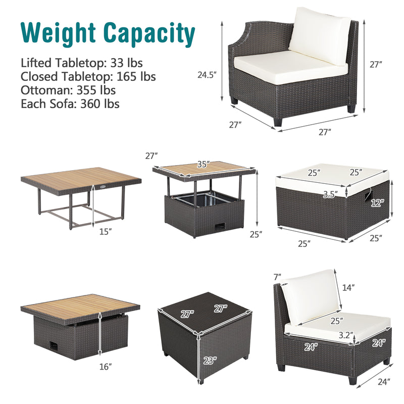 Costway - 7 Pieces Hand-Woven Wicker Outdoor Furniture Set with Acacia Wood Coffee Table-White