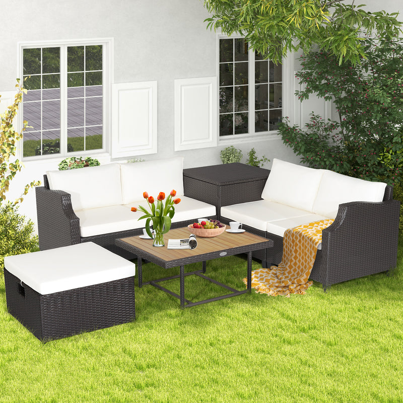 Costway - 7 Pieces Hand-Woven Wicker Outdoor Furniture Set with Acacia Wood Coffee Table-White