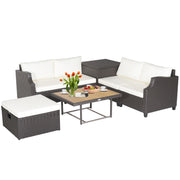 Costway - 7 Pieces Hand-Woven Wicker Outdoor Furniture Set with Acacia Wood Coffee Table-White