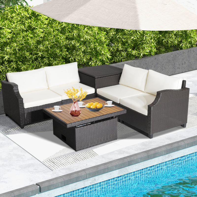 Costway - 7 Pieces Hand-Woven Wicker Outdoor Furniture Set with Acacia Wood Coffee Table-White
