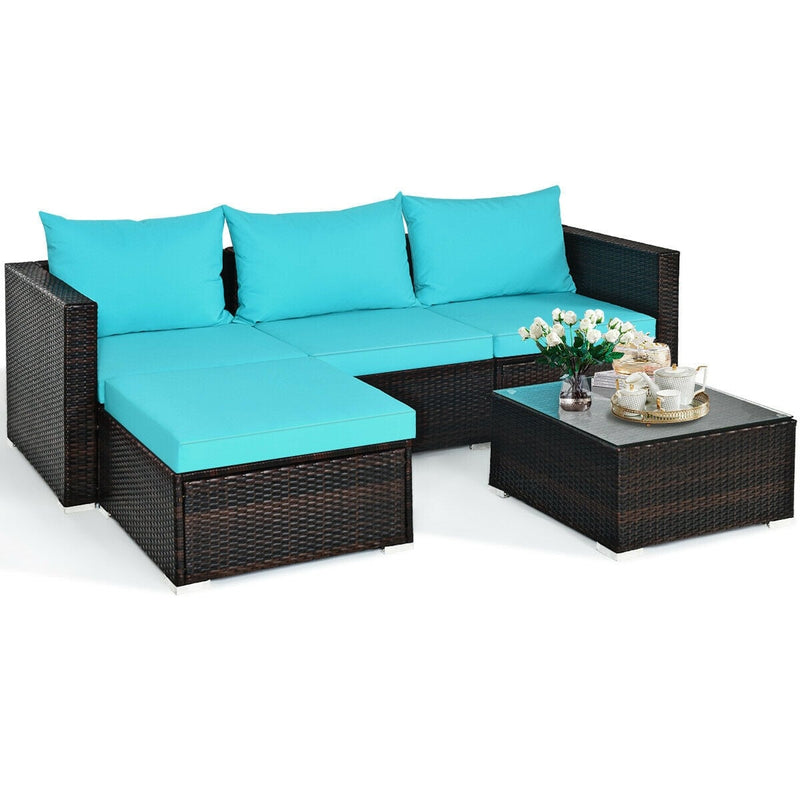 Costway - 5 Pieces Patio Rattan Furniture Set with Coffee Table-Turquoise