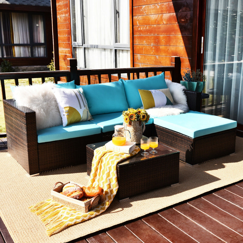 Costway - 5 Pieces Patio Rattan Furniture Set with Coffee Table-Turquoise