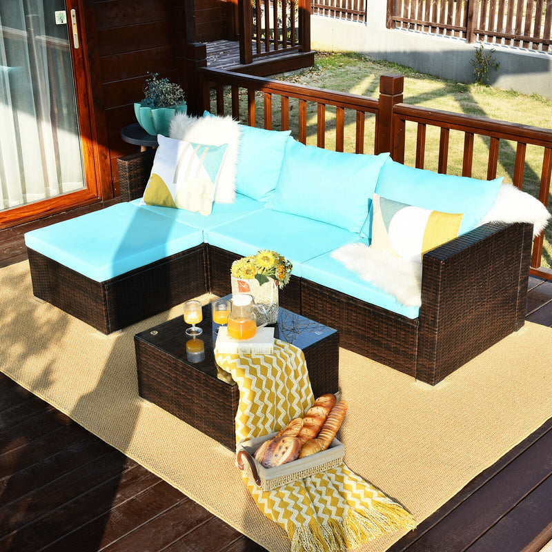 Costway - 5 Pieces Patio Rattan Furniture Set with Coffee Table-Turquoise
