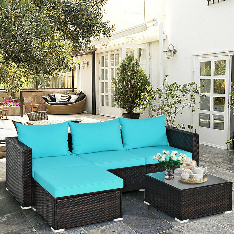 Costway - 5 Pieces Patio Rattan Furniture Set with Coffee Table-Turquoise