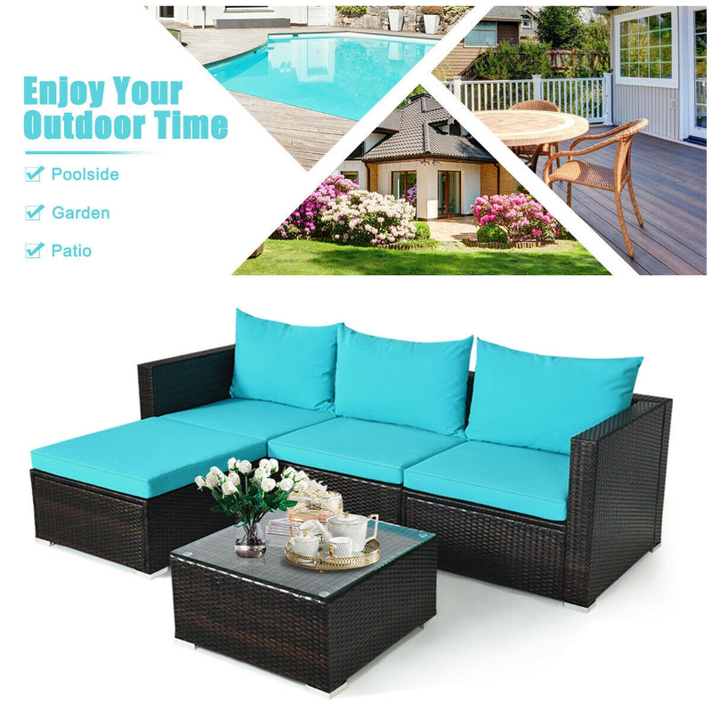 Costway - 5 Pieces Patio Rattan Furniture Set with Coffee Table-Turquoise