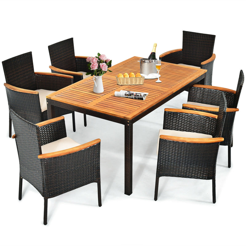 Costway - 7 Pieces Patio Rattan Dining Set with Armrest Cushioned Chair and Umbrella Hole