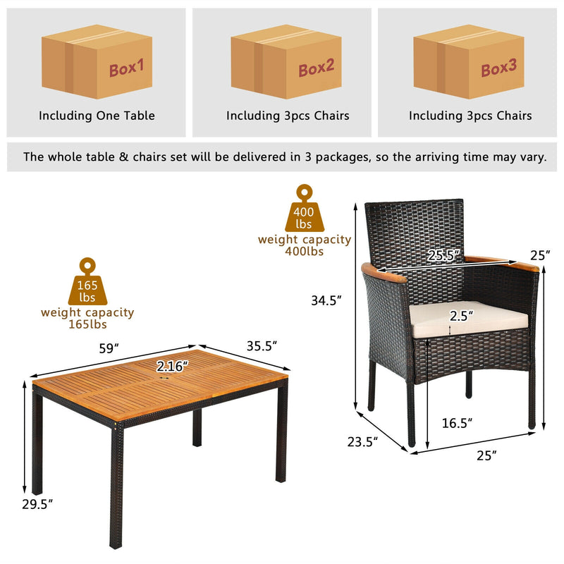 Costway - 7 Pieces Patio Rattan Dining Set with Armrest Cushioned Chair and Umbrella Hole