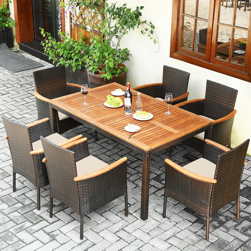 Costway - 7 Pieces Patio Rattan Dining Set with Armrest Cushioned Chair and Umbrella Hole