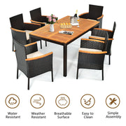 Costway - 7 Pieces Patio Rattan Dining Set with Armrest Cushioned Chair and Umbrella Hole
