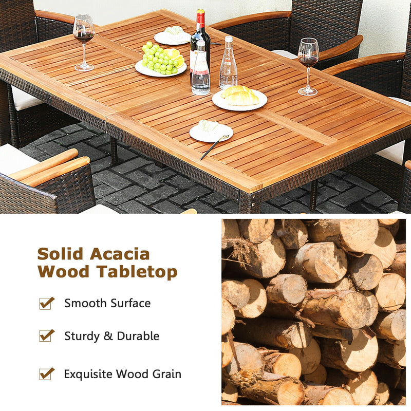 Costway - 7 Pieces Patio Rattan Dining Set with Armrest Cushioned Chair and Umbrella Hole