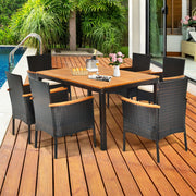 Costway - 7 Pieces Patio Rattan Dining Set with Armrest Cushioned Chair and Umbrella Hole