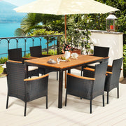 Costway - 7 Pieces Patio Rattan Dining Set with Armrest Cushioned Chair and Umbrella Hole
